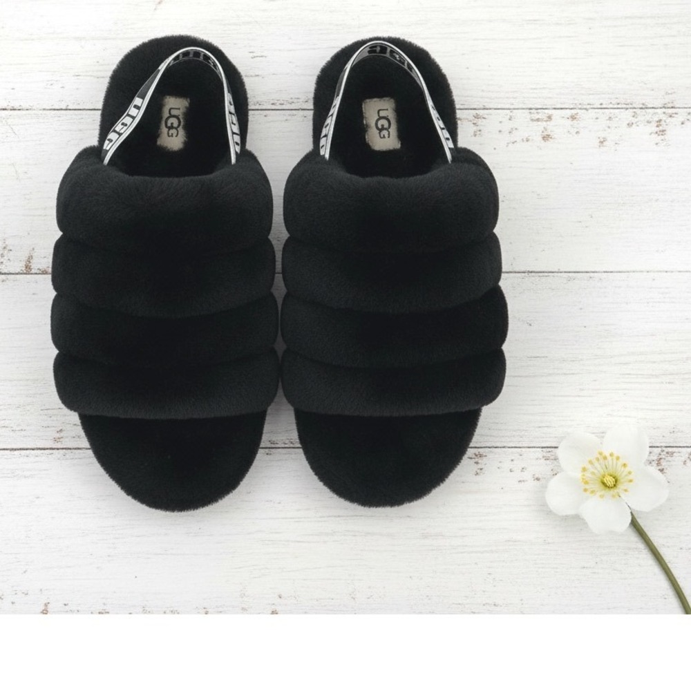 UGG‎ Fluff Yeah Slide Black Women's Size 9 Fuzzy Slingback Sandals Cozy Y2K - Picture 2 of 5